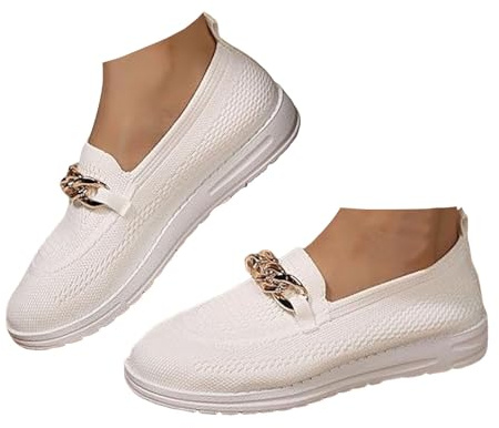 Xbemkste Damsneakers med kedja bekväma slip-on skor lätta andningsbara platta sportiga fritidsskor promenadskor avslappnade damskor båtskor, Vit, 41 EU