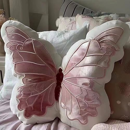 Cuscino decorativo a forma di farfalla, velluto rosa, dettagli glitterati, cuscino per divano soggiorno (20 cm) (rosa-1)