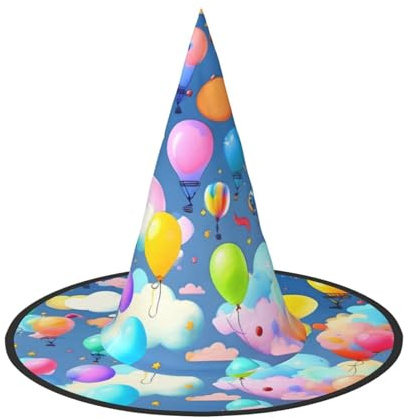 Nianyuer Cappello da strega di Halloween per adulti,Cappello a punta spettrale con stampa di palloncini colorati,Copricapo leggero per feste