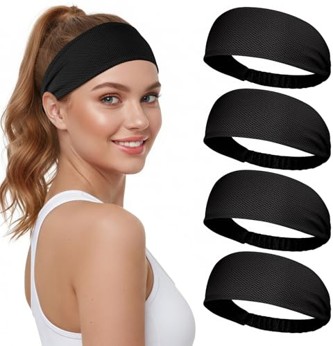Awumbuk Headbands for Women's Hair Sports, 4 Pack Sweat-Wicking Workout Headband Non-Slip Elastic, for Yoga Running Gym Head Bands (Black)