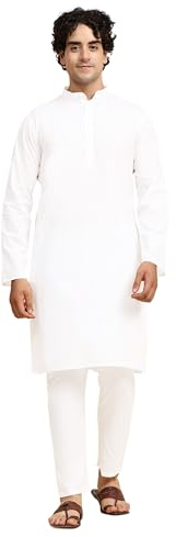 SKAVIJ Herren Tunika Baumwolle Kurta Schlafanzug indisch Yoga Zwanglos Kleid Satz (Weiß, M)