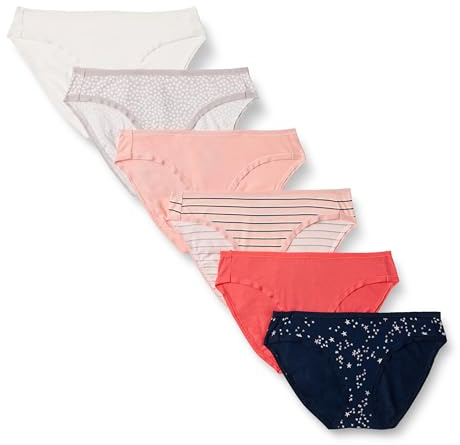 Amazon Essentials Braguita de Bikini de algodón (Disponible en Tallas Grandes) Mujer, Pack de 6, Estrellas/Lunares/Multicolor/Rayas, 42