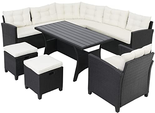 Casaria® Polyrattan Ecklounge Set WPC Esstisch Ecksofa Sessel 2 Hocker inkl. Sitzauflagen Kissen Wetterfest Outdoor Lounge Garten Terrasse Balkon Möbel