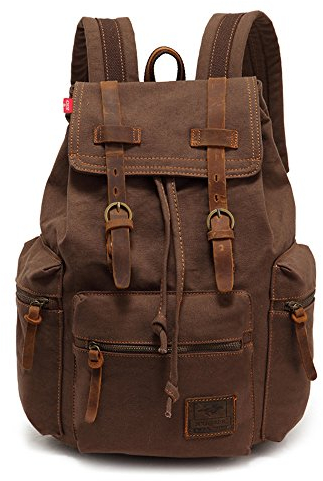 AUGUR Retro Segeltuch Rucksack, Canvas Vintage Rucksack 15-17 Zoll Laptop Daypack Schulrucksack Reisetasche Lederrucksack Wasserdicht (Large Coffee)