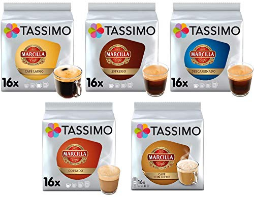 Tassimo Marcilla Café Selección - Cápsulas de Café con Leche/Cortado/Espresso/Largo/Espresso Descafeinado - 5 Paquetes (80 Porciones)