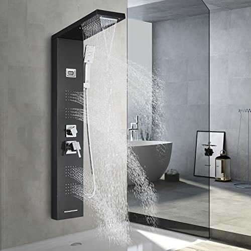llffssdg Columna Ducha Negro 8014 Acero Inoxidable Multifunción Hidromasaje Grifo Incluido Ducha de Mano y Boquilla de Bañera- Montaje en Pared