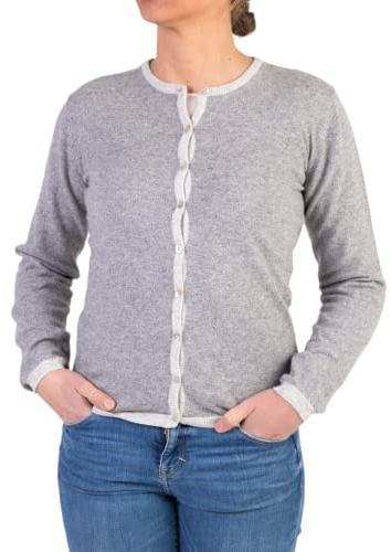 Cardigan Girocollo Donna Misto Cashmere Golfino Avvitato Bicolore Bottoni Made in Italy Classico Lana Merinos Giacca Manica Lunga Autunno Maglia Cachemire Autunno Nero Grigio Beige (L, Grigio)