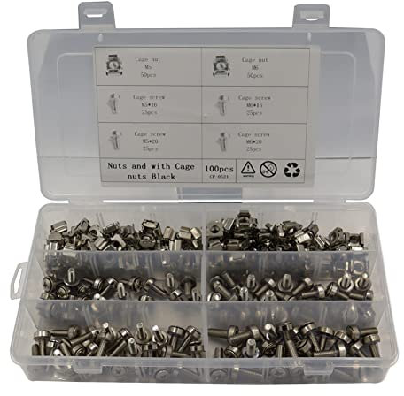 100 tuercas enjauladas tornillos de montaje, tuercas enjauladas M5 M6 y tornillos para montaje en rack, tornillos con caja de clasificación de plástico, tornillos y tuercas enjauladas, juego para