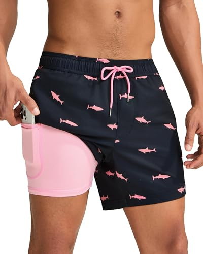 maamgic Mens Swim Trunks with Compression Liner 5 Inch, Quick Dry Bathing Suit with Zipper Pockets, Stretch No-Chafing Swim Shorts, Black-Pink Shark Medium