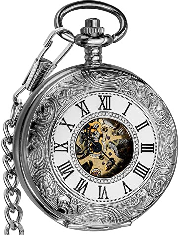 VIGOROSO Mens Pocket Watch with Chain Half Hunter Double Cover Skeleton Mechanical Men Watches Roman, Dad Christmas Gifts for Fathers Day