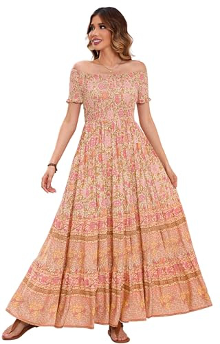 R.Vivimos Estate Donne Boho Floreale off Shoulder Maxi Vestito Manica Corta Smock Flowy Abito Lungo Spiaggia(XL,Tan)