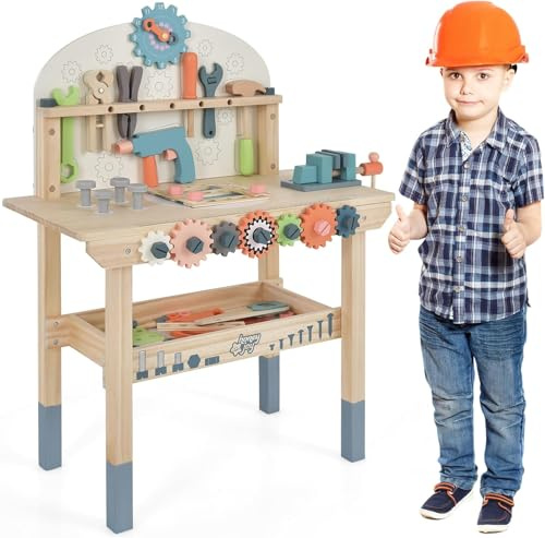 RELAX4LIFE Banco Herramientas Juguete de Madera con 8 Herramientas, 53 Accesorios y Estante Magnético, Taller Mecanico Juguete con Compartimento para Niños 3+ Años, 60 x 30 x 79 cm