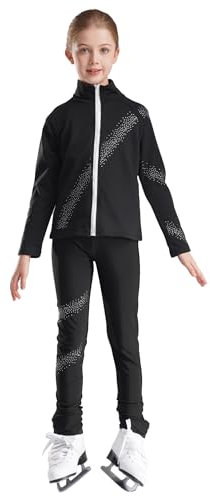 inhzoy Kinder Eiskunstlauf Anzug Mädchen Glitzer Eislaufen Jacke Hose Set Professionelle Eislaufen Trainingsoutfit Kinder Sport Outfit Performance Tanzkleidung Schwarz_A 146-152