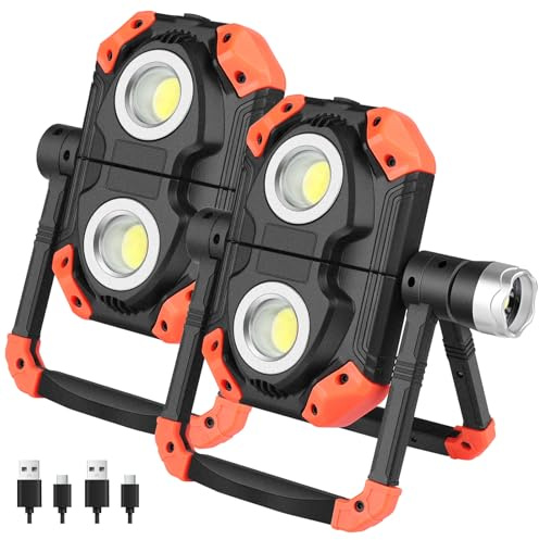 sunzone Rechargeable LED Work Light,Portable Flood Light Spotlight 2 in 1 Job Site Lighting with Magnetic Bases,Rotatable Foldable Waterproof LED Light for Camping,Car Inspection Emergency(2 Pack)