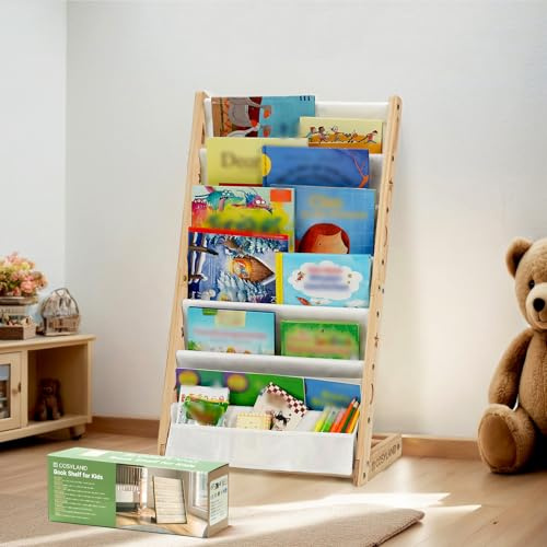 COSYLAND Bibliotheque Enfant en Bois Massif à 7 Niveaux - Etagere de Rangement pour Livres - Présentoir Livres Bebe avec Design Stable - Meuble Montessori pour Chambre d’Enfant (42.5 cm, Naturel)