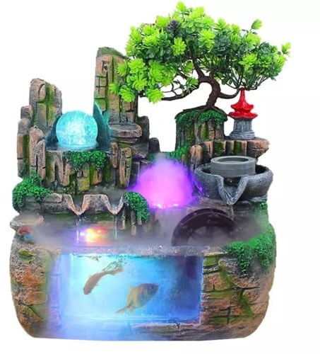 Fuente de interior – Cascada pequeña con iluminación – Fuente de mesa – Luz LED colorida – Con nebulizador – Decoración para sala de estar, dormitorio, oficina – 30 cm de altura