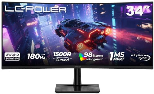 LC-POWER LC-M34QC 34 Zoll Ultrawide WQHD Curved Gaming Monitor, 3440x1440 Display, 21:9, 1500R, 180Hz, 1ms MPRT, VA, HDR10, Adaptive Sync, 2xHDMI 2.0, 2xDP 1.4