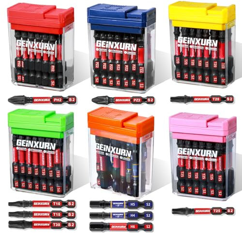 Geinxurn Schlagfeste Schraubendreher Bits Set, 90 Stücke 50mm Magnetisch (PH2/PZ2/T10/T15/T20/T25/T30/Hex) S2 Stahl Multi Treiber Bits mit Lagerung Bunte Box