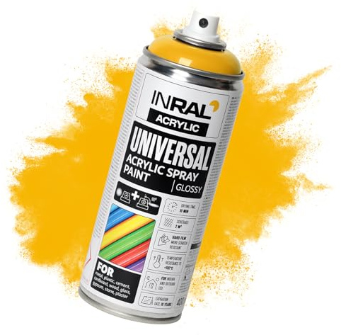 INRAL Sprühlack - Verkehrsgelb glänzend RAL1023 Universal Sprühfarbe 400ml. Spraydose für Metall, Kunststoff, Holz & Stein - Hochdeckende, Regen- und UV-beständige Farbspray für Innen- & Außenbereich
