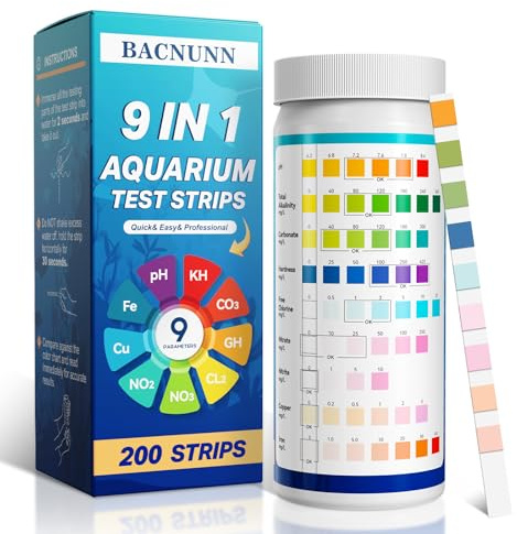 BACNUNN Aquarium Test Strips: 200CT 9 in 1 Quick & Accurate Fish Tank Water Testing Kit for Freshwater Pond Testing Nitrate Nitrite Hardness Free Chlorine pH Carbonate Total Alkalinity Copper Iron