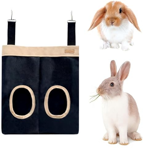 Colenumone Rabbit Hay Feeder Bag for Guinea Pigs and Chinchillas | Chew Proof Washable Oxford Cloth Hay Rack, Timothy Hay Holder, Hanging Double Hole Black Oxford Cloth