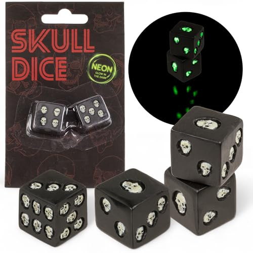 MIJOMA Skull Dice - Set di 6 dadi in poliresina nera con teschio, con occhi al buio, effetto neon per giochi e collezionisti