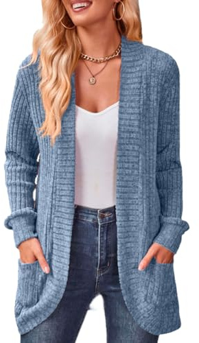 XIVISTO Cardigan à Manches Longues Femme Long Gilet Léger Ouvert Décontracté Tricoté Cardigan Élégant avec Poches Automne Hiver