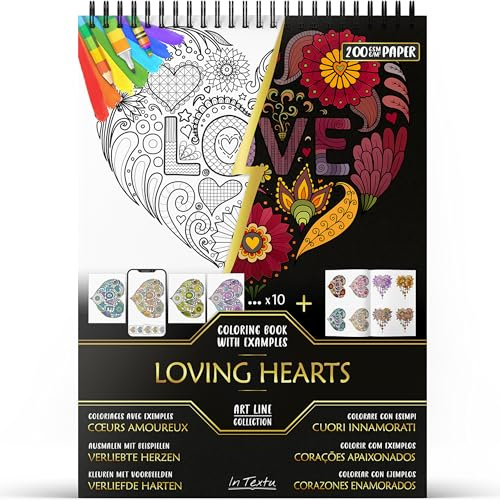 In Textu Livre de Coloriage Adulte Cœurs Amoureux, Papier 200 g/m² | Reliure spirale, A4, qualité premium, 30 dessins, 300 modèles couleur, pour crayons et marqueurs Acrylique|Alcool|Eau