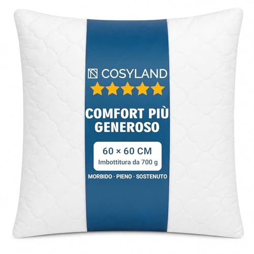 COSYLAND cuscini letto 2 pezzi, cuscini trapuntati con imbottitura 800 g in fibra 7D, morbidi e traspiranti, altezza regolabile, supporto soffice, bordi rifiniti(60 x 60 cm)