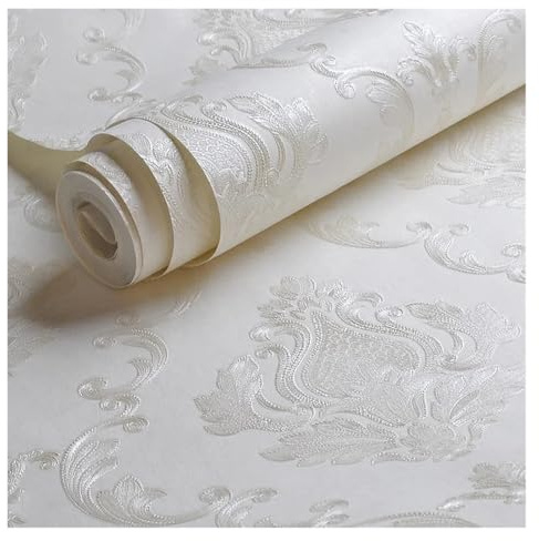 DKJAHSEK Papel Pintado Papel Tapiz De Damasco En Relieve Blanco Cremoso For Dormitorio, Sala De Estar, Fondo Con Estampado Floral, Papel Tapiz Texturizado 3D, Decoración Del Hogar(9.5mx53cm)