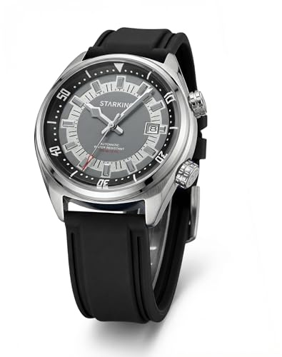 STARKING Men's Dive Watch, 100M Waterproof, Fashion Mechanical Automatic Watches for Men, Male Wrist Watch, Luminous Mineral Crystal Comfortable Silicone Black Watch Band Luxury Birthday Presents