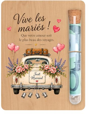 Cadeau Mariage, Carte Mariage Félicitation En Motif Voiture Romantique | Plaque en bois 13 x 10 cm avec tube transparent 10 x 1,5 cm, carte félicitations mariage pour mariés et voyage de noces