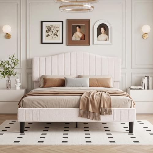 VECELO Lit Double Rembourré 140x190 cm, Tissu Teddy Chaud avec Tête de Lit Réglable, Support à Lattes en Bois Solide, Moderne, sans Bruit, Beige