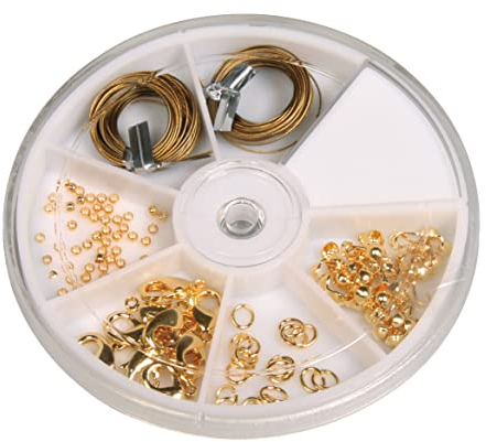 Rayher Starterset Schmuckzubehör, gold, Schmuckherstellung Set, Schmuck Reparatur Set, Schmuck basteln, Starter Kit mit Schmuckdraht, Karabinerverschlüssen, Ringeln, Quetschperlen, 2248506
