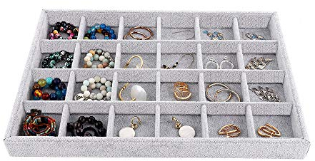 Emibele Schmucktablett, 24 Raster Ring Organizer Ohrstecker Organizer Fach Schaufenster anzeigen Velvet stapelbare Schmuck Lagerung - Grau