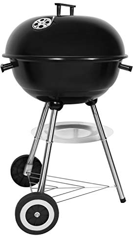 SunJas Holzkohlegrill, tragbar, rund, Deckel, Doppelräder, Grill auf Standfuß, φ 41 cm, Höhe 70 cm, Schwarz