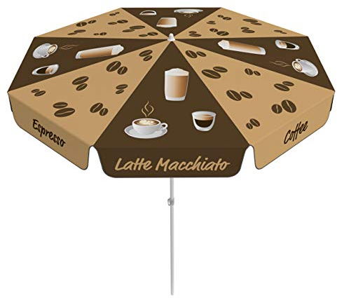 Vispronet Sonnenschirm Kaffeesorten - ∅ 180 cm - Rund - mit Volant - kippbarer Schirmstock - Schirm für Balkon, Terrasse, Stehtische