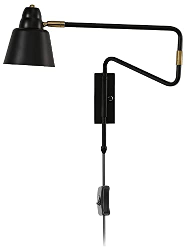 Wandlampe mit Schalter Schwarz Innen Wandleuchte Schwenkbar Arm Nachttischlampe mit Kabel Wand-Leselampe mit Stecker Einstellbar Metall Schirm Wandspot Vintage E27 Industrial Wandbeleuchtung Retro