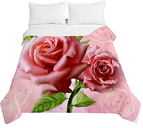 Surwin Tagesdecke Bettüberwurf Steppdecke für Doppelbett Einzelbett, Mikrofaser Wattiert Gesteppt Bettdecke 3D Rose Druck Dünne Tagesdecken mit Ultraschall Prägung (Rosa erröten,220x240cm)