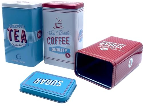 Eyesome 3 Pack Kitchen Canisters with Airtight Lids, Metal Storage Jar Set, Coffee, Sugar, Tea, Flour Storage Containers, Farmhouse Kitchen Décor Organiser Retro Design