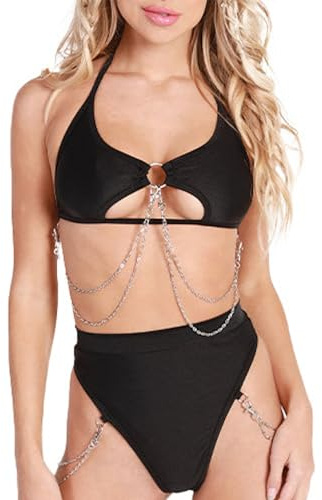 Rave Tenues pour Femme – Sexy Festival Underboob Découpe Top Disco Chaîne Argenté Coupe Haute Bas Discothèque Ensemble Bikini(Black,M,1312r)