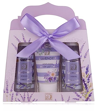 Accentra - Set de douche cadeau pour femmes LAVANDE dans caisse-cadeaux - Kit soins 3 pcs avec gel douche, lotion pour corps & bain moussant - Ensemble bien-être pour l'anniversaire & Saint-Valentin