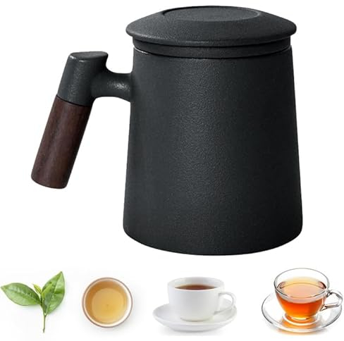 Qivine Taza de Te con Filtro y Tapa, Ceramica Taza Infusiones con Tapa y Filtro, 400ml Tetera Infusiones Tazas de Te para Oficina Aniversario Regalar Infusion (Negro)