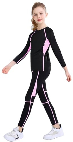 linboo Mädchen Sportanzug 2tlg Yoga Anzug mit Langen Ärmeln und Hosen, Elastisch, Outdoor eng anliegende Tanz- und Fitnessbekleidung für Kinder, Rosa, Herstellergröße：130 Geeignete 128-134