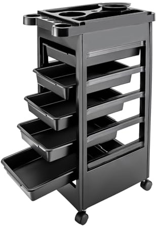 Carrello da barbiere, carrello da lavoro, carrello impilabile, colore nero, per barbiere, beauty salon, con 5 cassetti, porta asciugacapelli e 4 ruote, 50 x 32 x 81 cm
