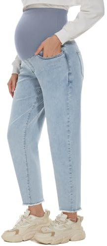 POSHGLAM Women's Maternity Boyfriend Jeans Over Belly Stretch Denim Pants Loose Casual Raw Hem Jeans with Pockets for Everyday Wear(Light Blue 26'', Medium)