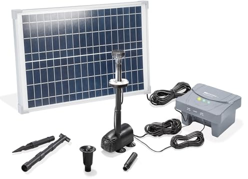 Esotec Set Pompa Solare per Laghetto 25/700 LED Con Filtro - 700 l/h, Batteria LiFePo4, Modulo 25W, Fontana da Giardino