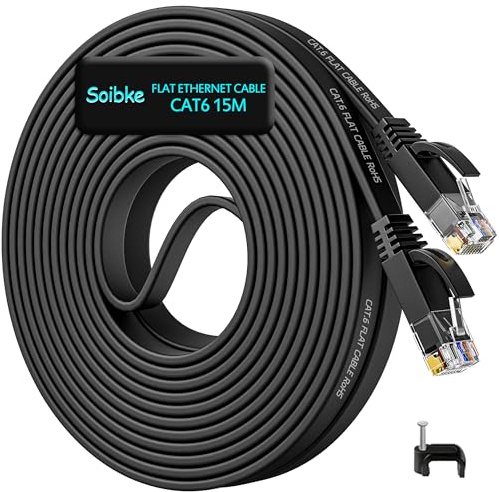 Soibke LAN Kabel 15 Meter Flach, Netzwerkkabel 15m Dünn Cat 6 Internetkabel Lang Hochgeschwindigkeits Wlan Kabel 15 Meter Gigabit Ethernet Kabel Verlängerung Schwarz RJ45 Patchkabel für Switch Modem