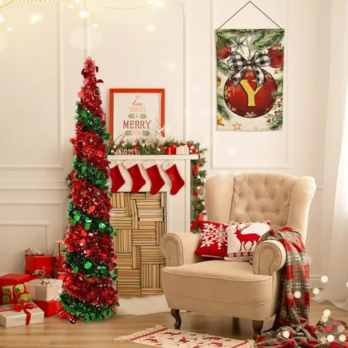 Warmiehomy Árbol de Navidad de 150 cm, árbol de Navidad plegable con lentejuelas brillantes, lápiz de Navidad para el hogar, oficina, tienda, decoración de Navidad, rojo y verde