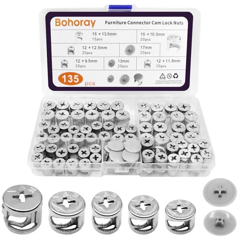 Bohoray 135 Pezzi Eccentrico Ruota Dado, 5 Taglie Eccentrica Connettore Vite per Mobili, Dadi a Camma Ferramenta con 2 Tipi di Tappi, Raccordi Connettori per Mobili Cassetti